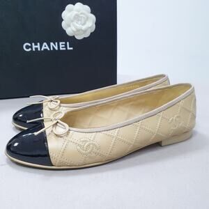 Chanel Lambskin Patent Double Stitched CC Cap Toe Ballerina Flats Sz.39.5